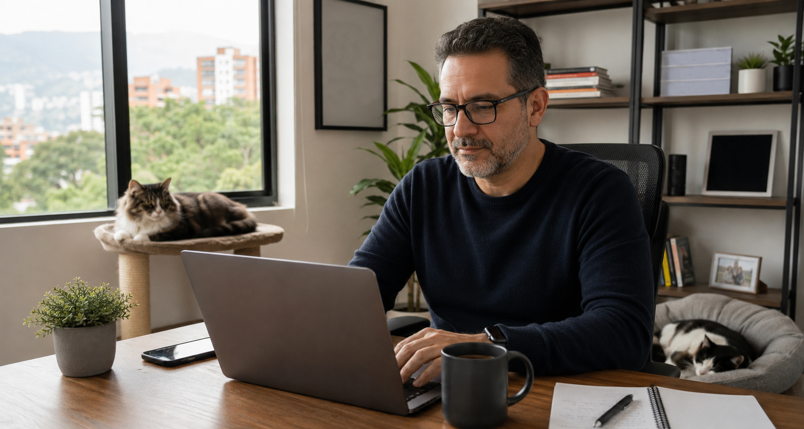 Juan Esteban en su escritorio en casa, en Medellín: trabaja en el portátil junto a la ventana, con sus dos gatos cerca. En la pared y la estantería hay carteles que dicen «Menos ruido, más propósito», «Tecnología, naturaleza, cocina» y «Cuidar también es sostener la vida».